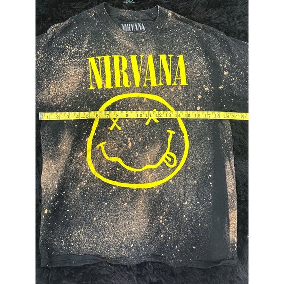 Nirvana Bleach Splatter Graphic T-Shirt M Black & Yellow Smiley Face 100% Cotton - Picture 4 of 5
